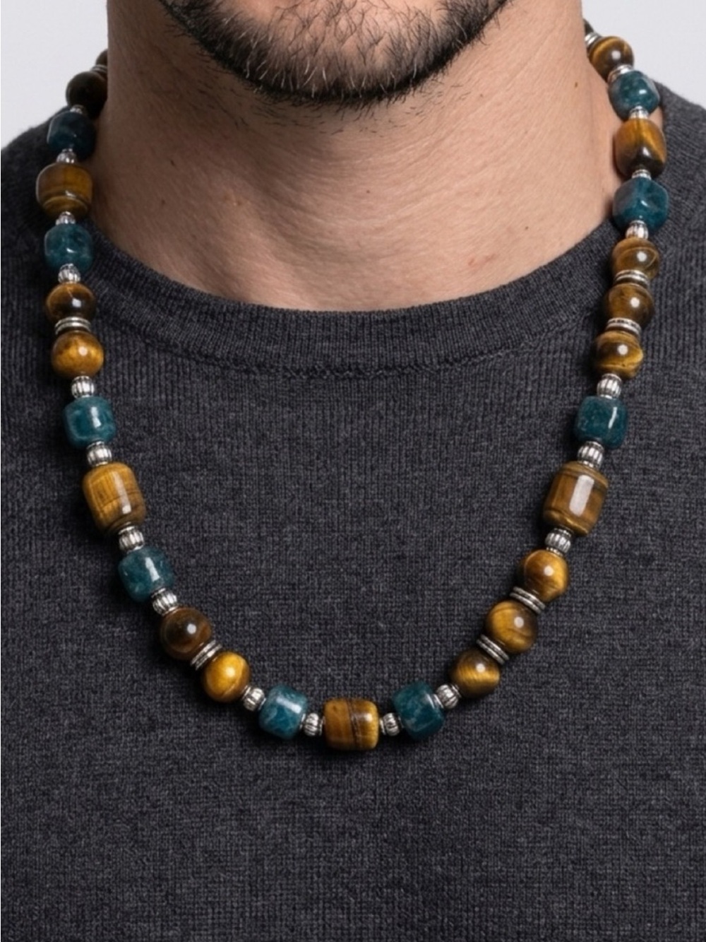 Men's Beaded Stone Necklace in Quartz &Tiger Eye